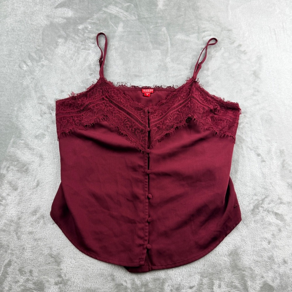 Guess Burgundy Women's Medium Satin Lace Trim Button Front Camisole‎ Tank Top